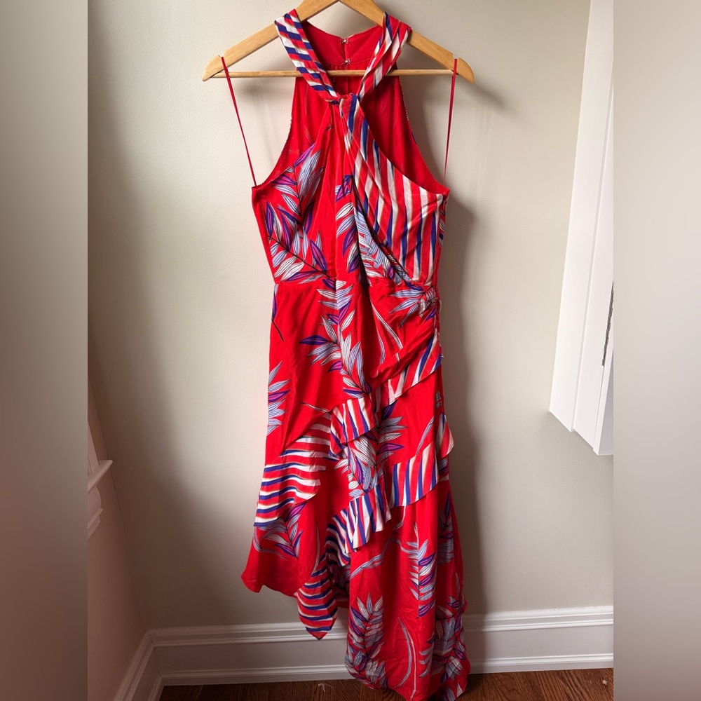 RAMY BROOK Kieran Dress Tropical Ruffle Asymmetrical Silk Bold Red Feminine 8